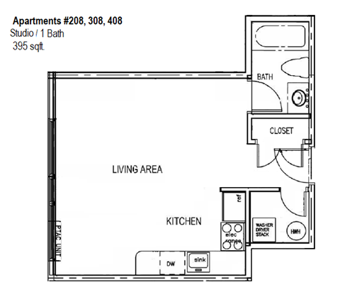 Floor plan for studio, 1 bath, 395 sqft